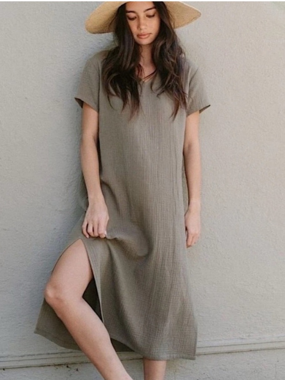 Jenni Kayne Cypress Caftan Gauze Cotton Midi Dress in Sage Green Sz L